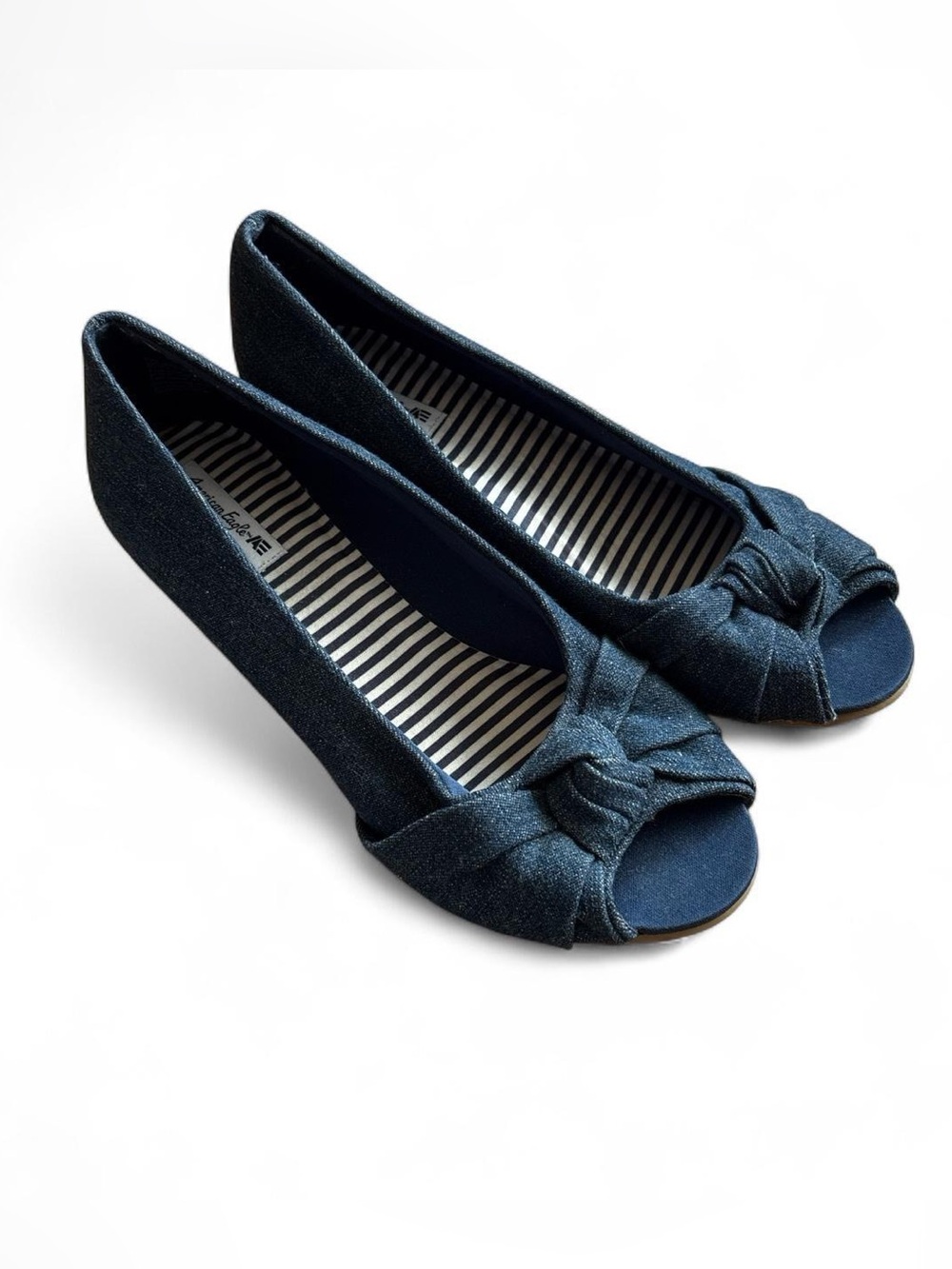 Y2K American Eagle Denim Wedge Heels Peep Toe Knot Bow Shoes Size 6
